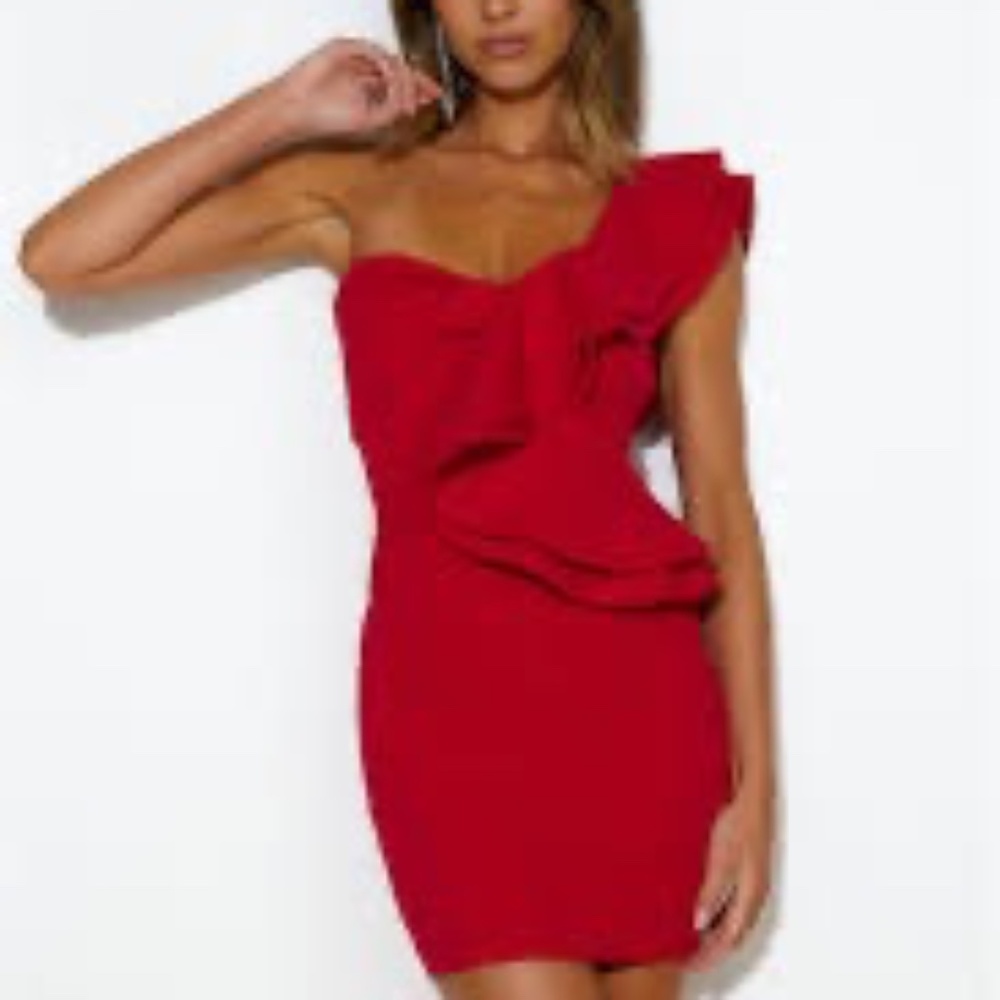 Hello Molly Fun Is Calling One Shoulder Red Half Peplum Mini Dress Sz S